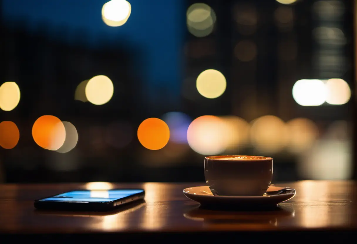 Um telemóvel aceso ao lado de um café, numa mesa à noite
