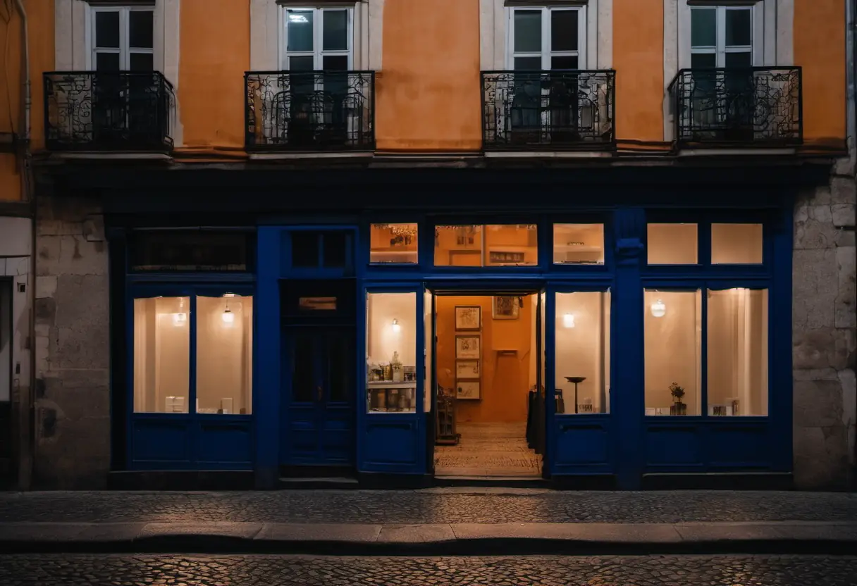 Uma loja em Lisboa ao anoitecer, com a montra iluminada